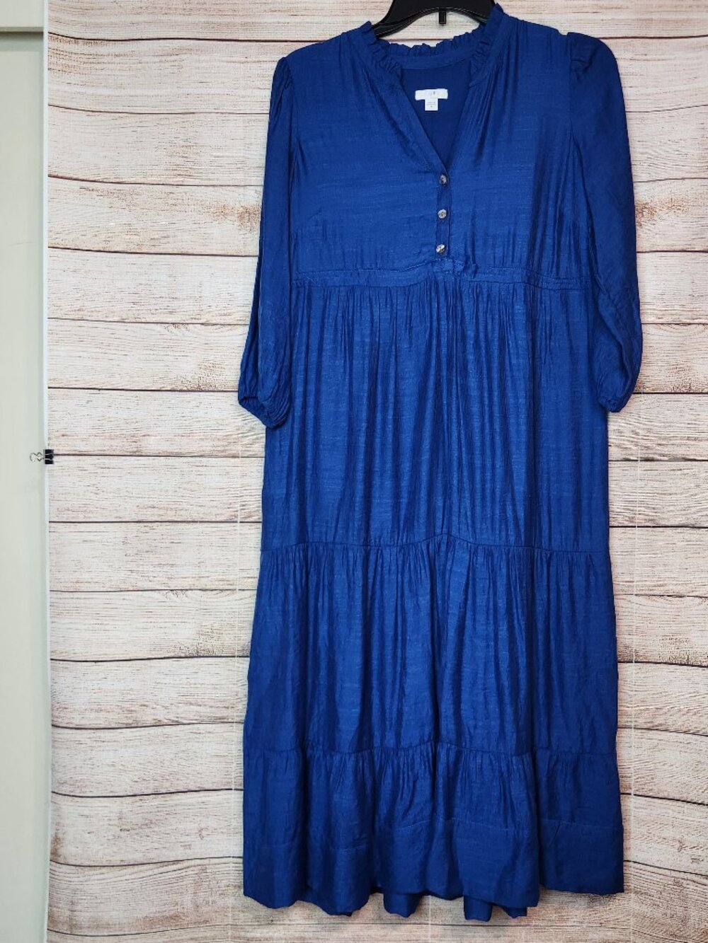 J Jill Blue Tiered Linen Dress Size XS Cotton Coastal Boho Lined DEFECT READ